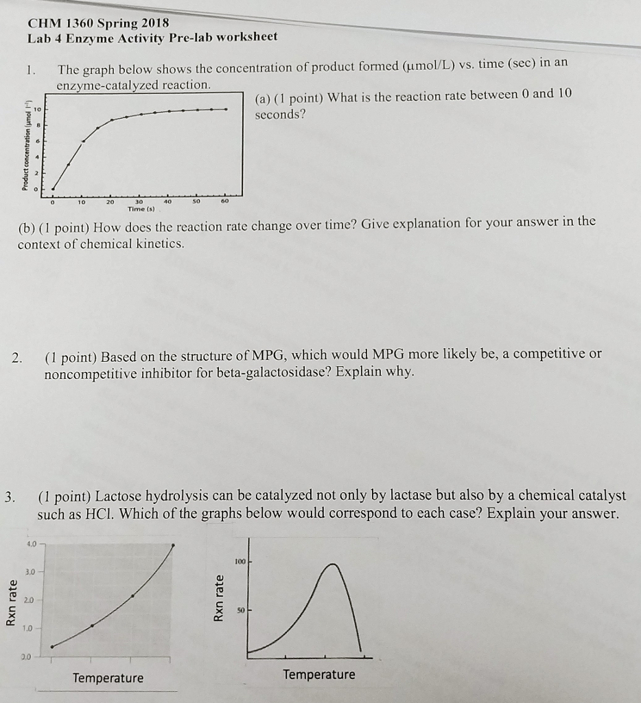 Solved Chm 1360 Spring 2018 Lab 4 Enzyme Activity Prelab With Regard To Enzyme Graphing Worksheet