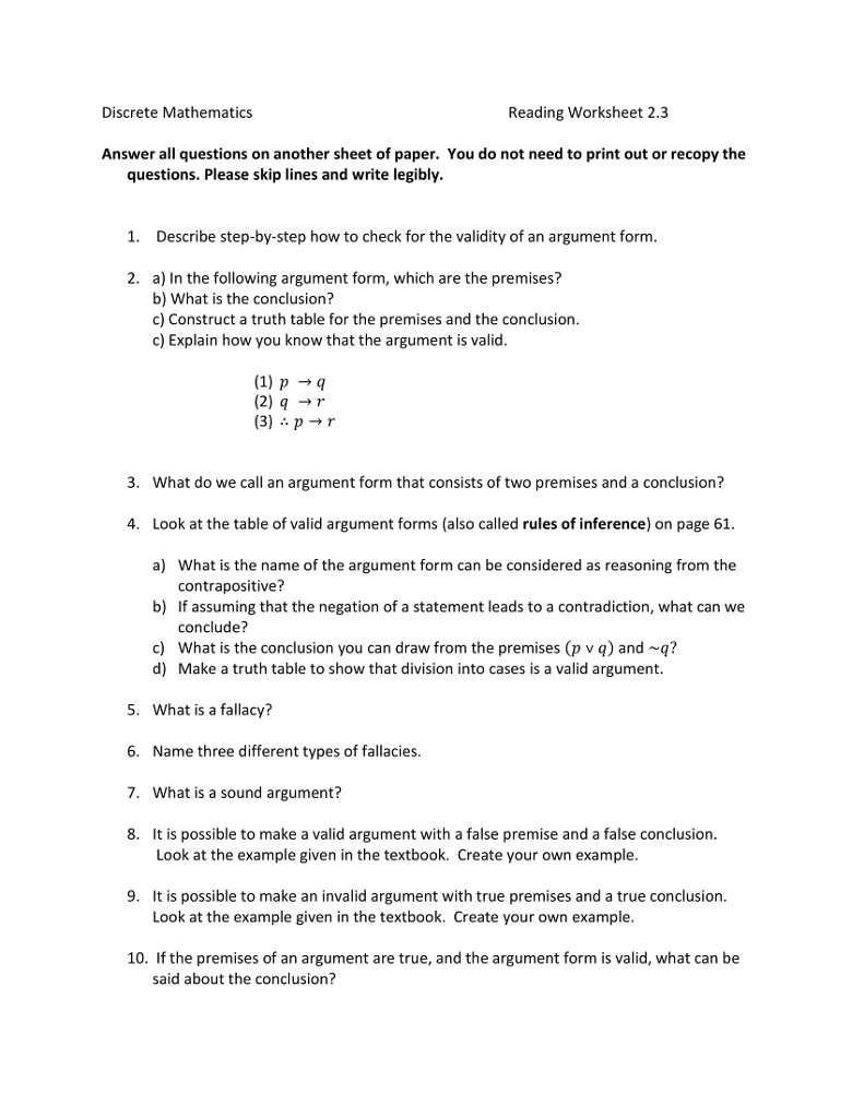 Solved Discrete Mathematics Reading Worksheet 23 Answer Or Premise And Conclusion Worksheet