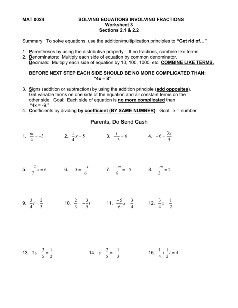 Solving Equations Involving Fractions Throughout Solving Equations With Variables On Both Sides Worksheet Answers