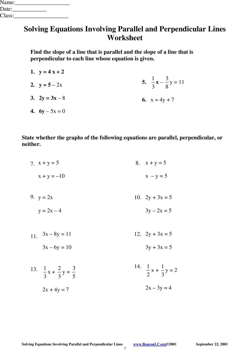 Solving Equations Involving Parallel And Perpendicular Lines Intended For Parallel Perpendicular Or Neither Worksheet Answer Key