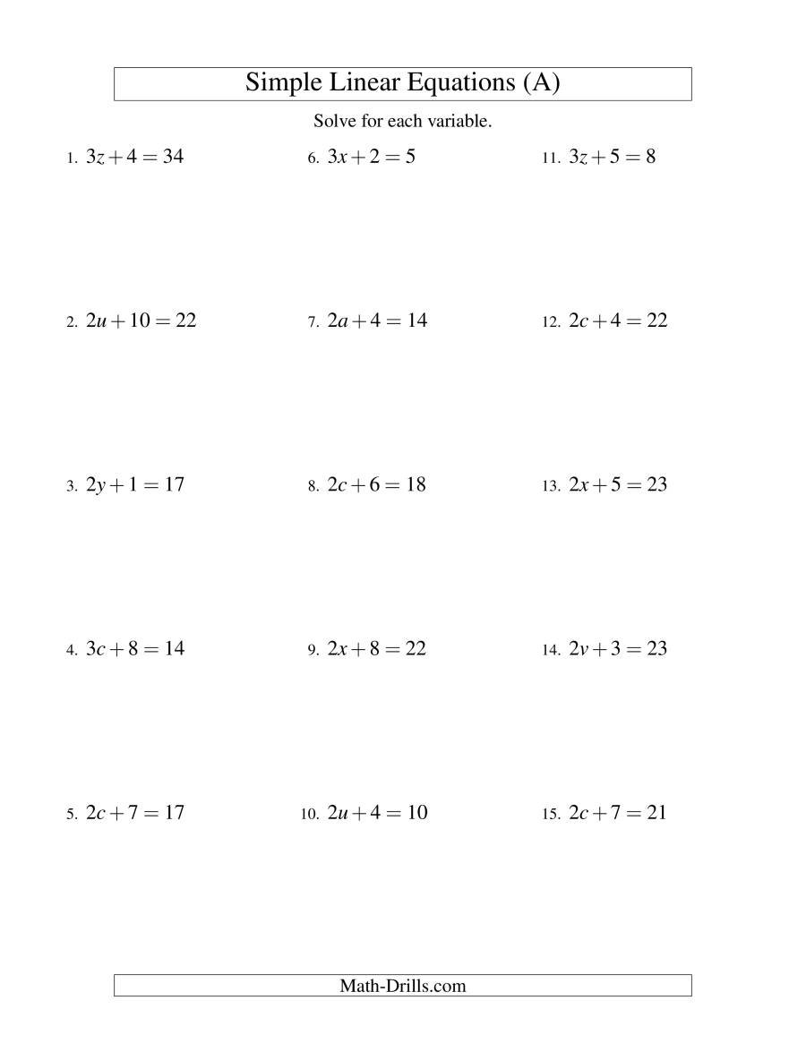Solving Linear Equations  Form Ax  B  C A As Well As Solving Algebraic Equations Worksheets