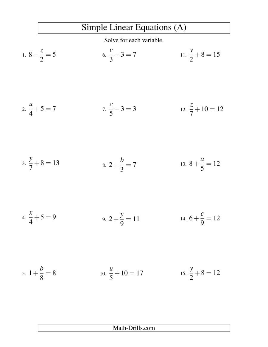 Solving Linear Equations  Form Xa ± B  C A Within Simple Linear Equations Worksheet
