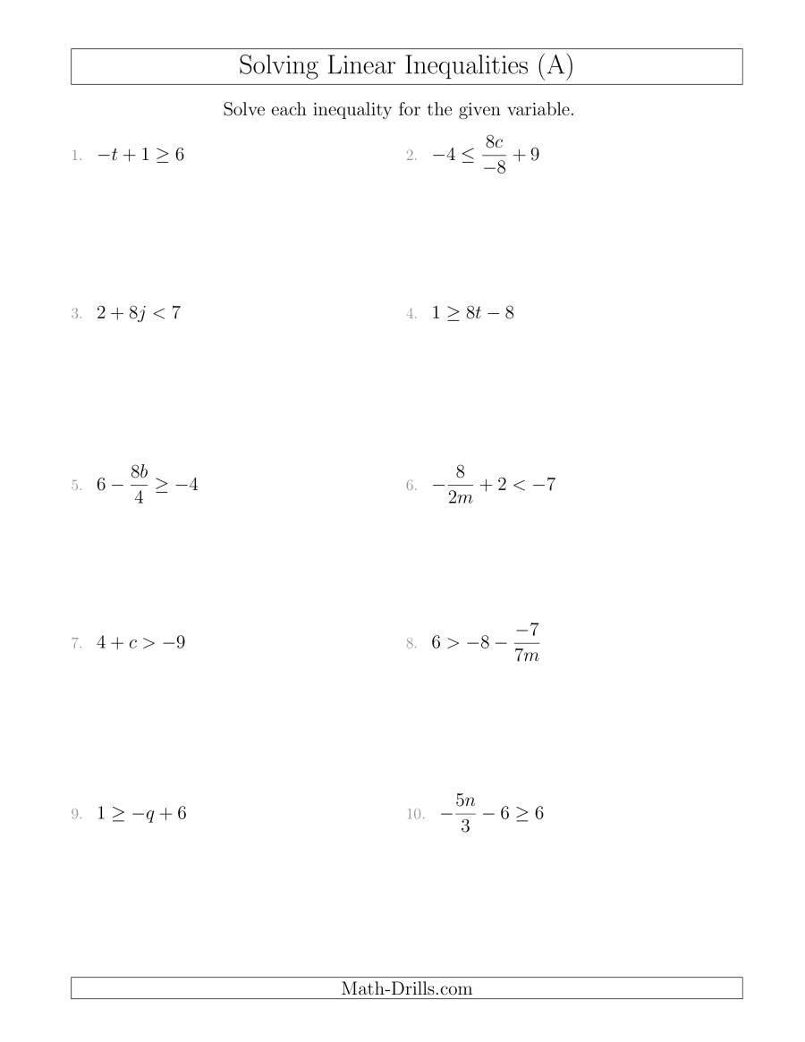 Solving Linear Inequalities Mixed Questions A Intended For Algebra Inequalities Worksheet