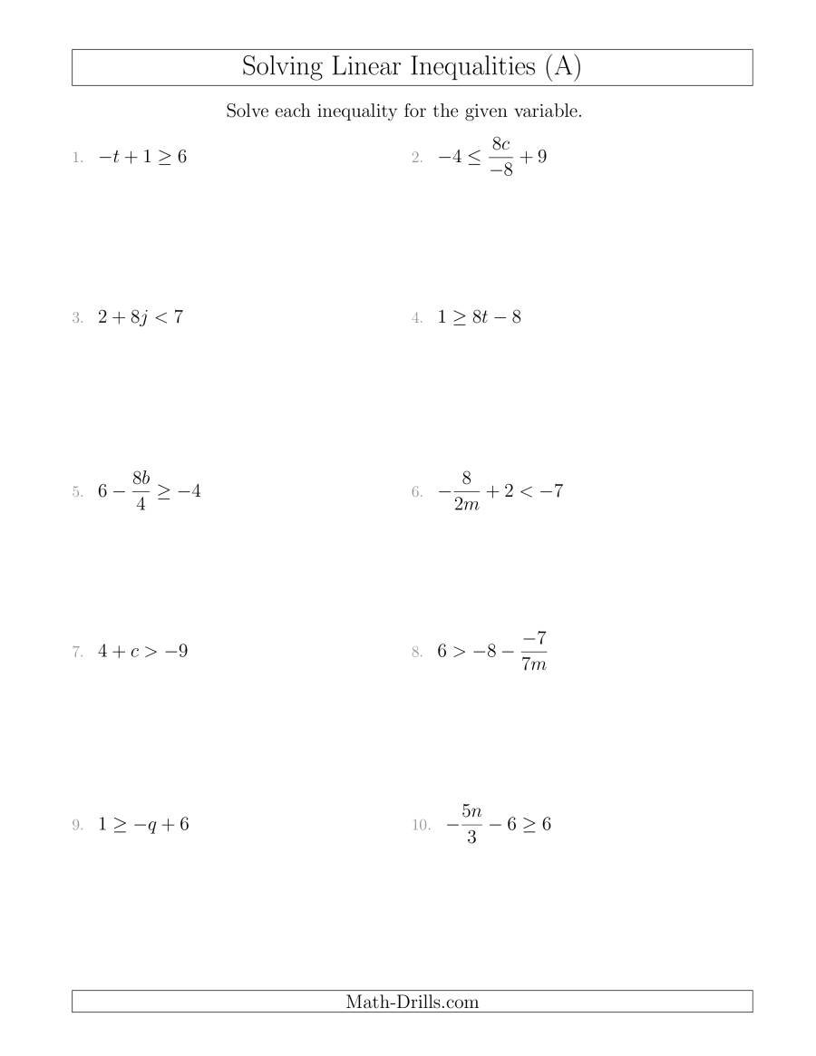 Solving Linear Inequalities Mixed Questions A Pertaining To Linear Inequalities Worksheet