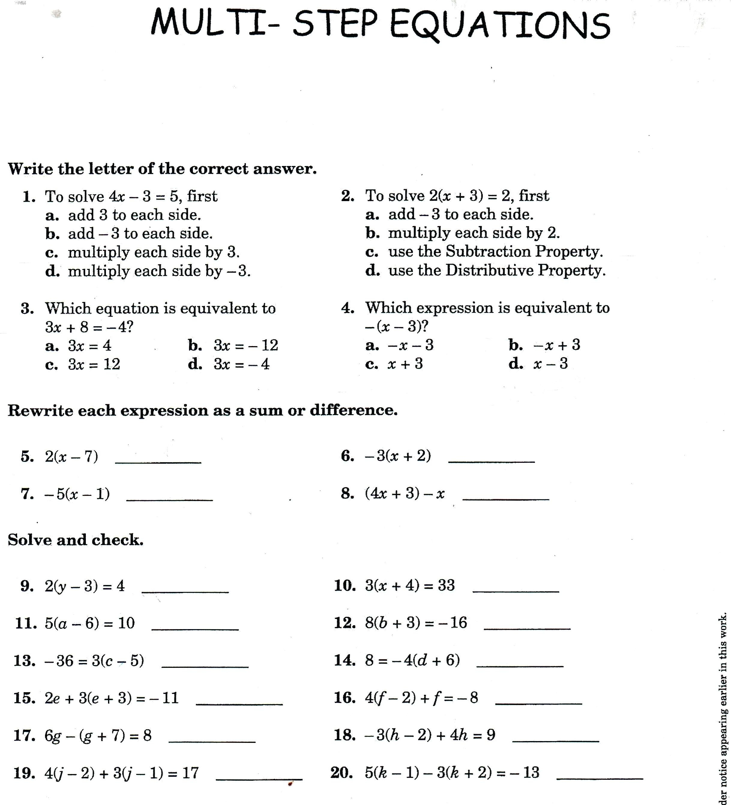 Solving Multistep Equations Math Two Step Algebra Equations Throughout 2 Step Equations Worksheets With Answers
