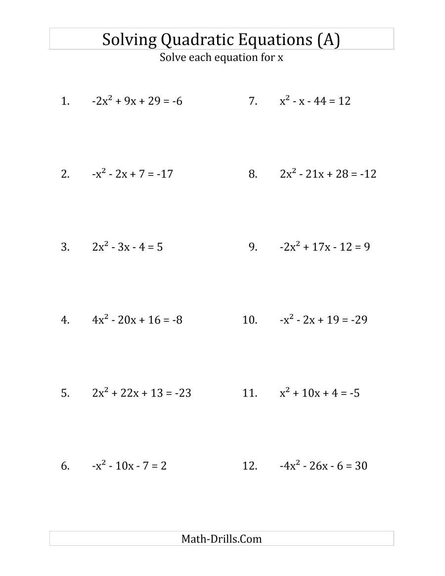 Solving Quadratic Equations For X With 'a' Coefficients Between 4 Along With Quadratic Formula Practice Worksheet