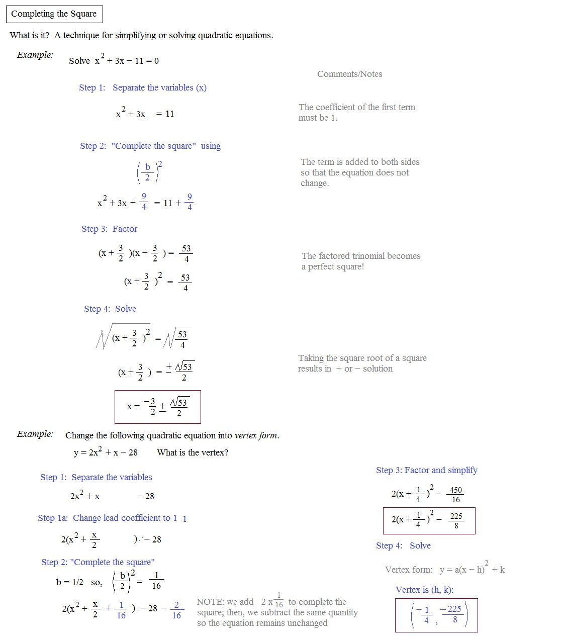 Solving Quadratic Equationscompleting The Square Worksheet For Math 154B Completing The Square Worksheet Answers