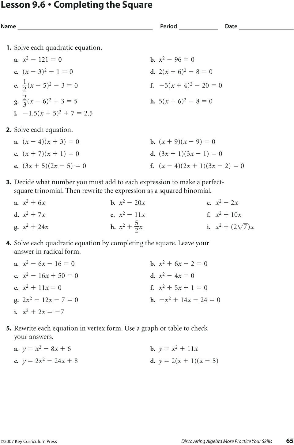Solving Quadratic Equationsfactoring Answers Algebra 2 Math Inside Solving Quadratic Equations By Completing The Square Worksheet Answer Key