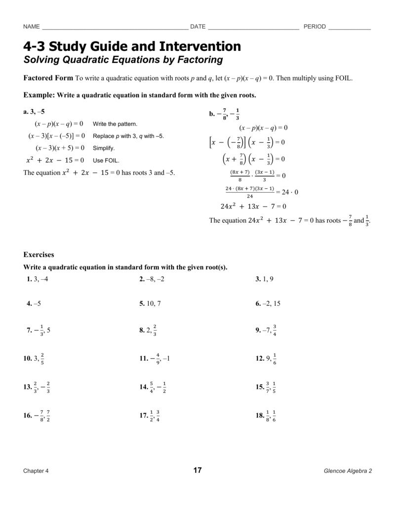 Solving Quadratic Equationsfactoring Regarding Solving Quadratic Equations By Factoring Worksheet Answers Algebra 2