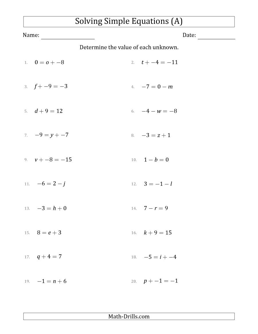 Solving Simple Linear Equations With Unknown Values Between 9 And 9 Regarding Algebra Equations Worksheets