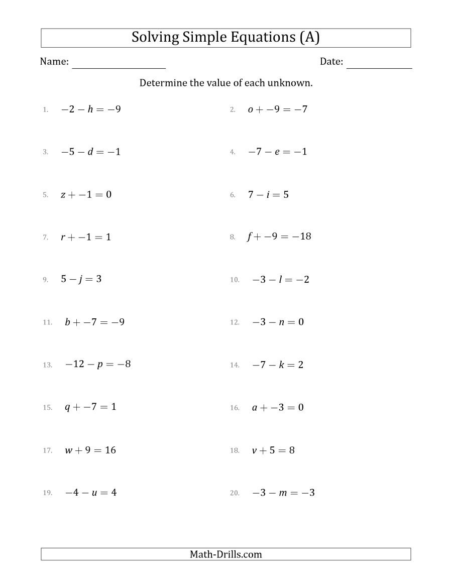 Solving Simple Linear Equations With Unknown Values Between 9 And 9 Throughout Simple Algebra Worksheets