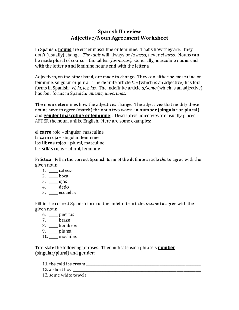 Spanish Ii Review Adjectivenoun Agreement Worksheet Also Agreement Of Adjectives Spanish Worksheet