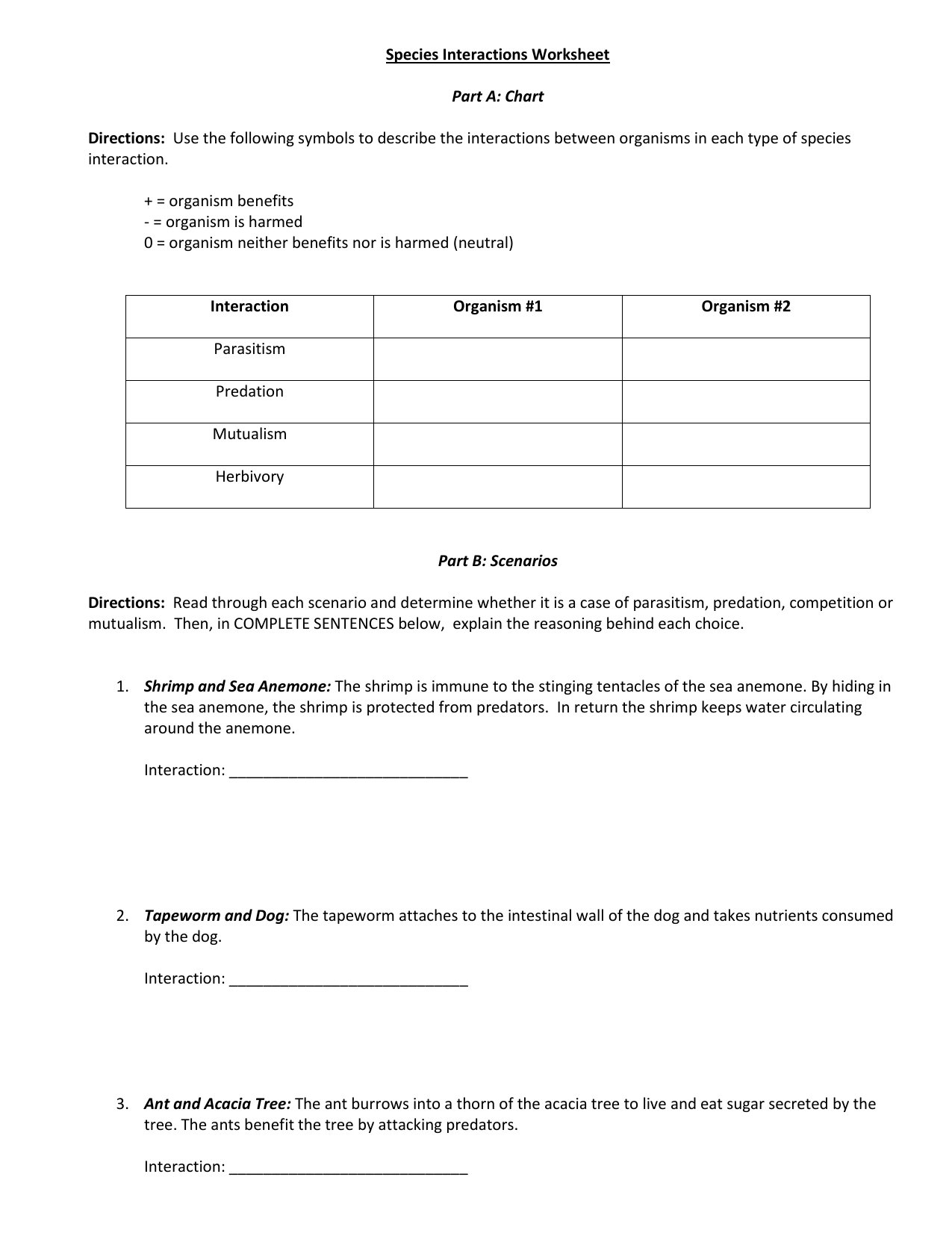 Species Interaction Worksheet Intended For Species Interactions Worksheet Answer Key