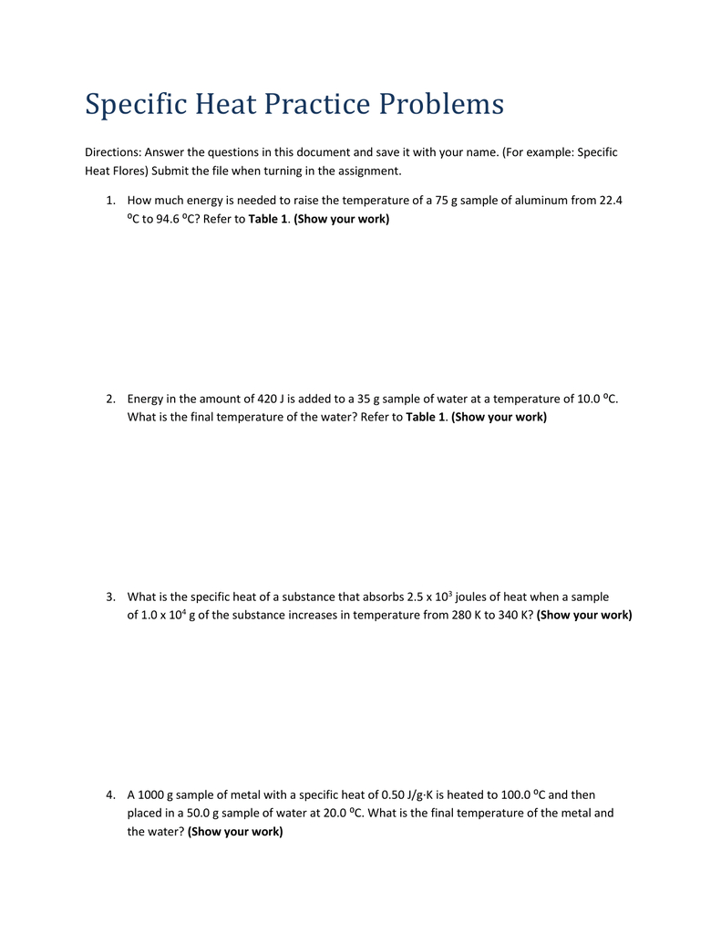 Specific Heat Practice Problems Directions Answer The Questions In For Specific Heat Practice Worksheet