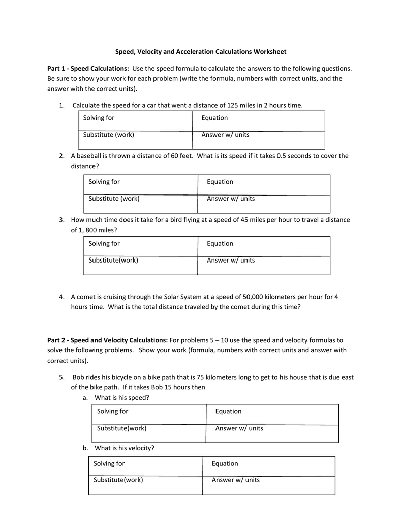 Speed Velocity And Acceleration Calculations Worksheet Part 1 For Speed Velocity And Acceleration Calculations Worksheet