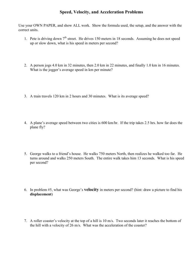 Speed Velocity And Acceleration Problems For Acceleration Problems Worksheet Answer Key