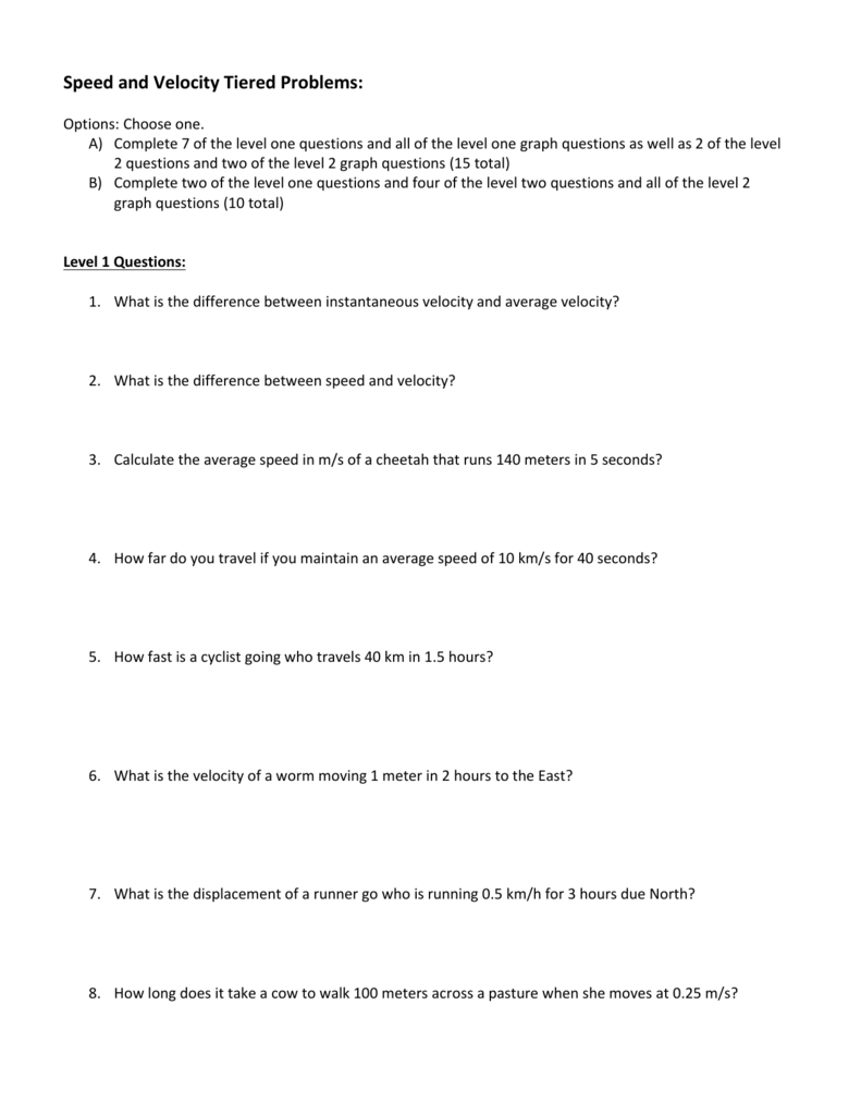 Speed Velocity Tiered Assignment Throughout Average Speed And Average Velocity Worksheet Answers