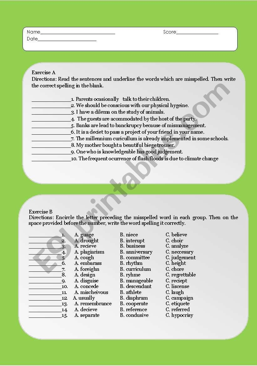 Spelling Demons115 Of The Commonly Misspelled Words  Esl With 4 30 Spelling Demons Worksheet Answers