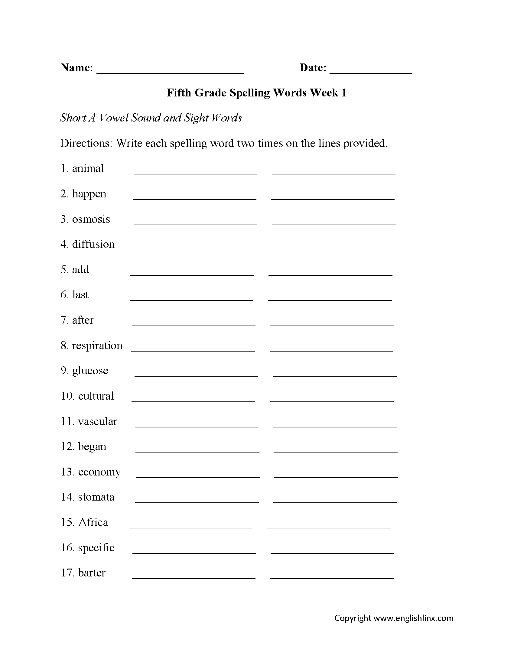 Spelling Worksheets  Fifth Grade Spelling Worksheets In Spelling Worksheets Grade 1