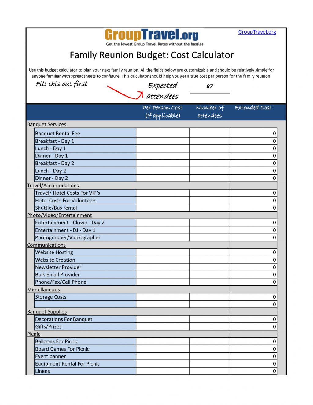 Spreadsheet Family Reunion Budget Worksheetddition Designbusiness ... Or Family Reunion Payment Spreadsheet