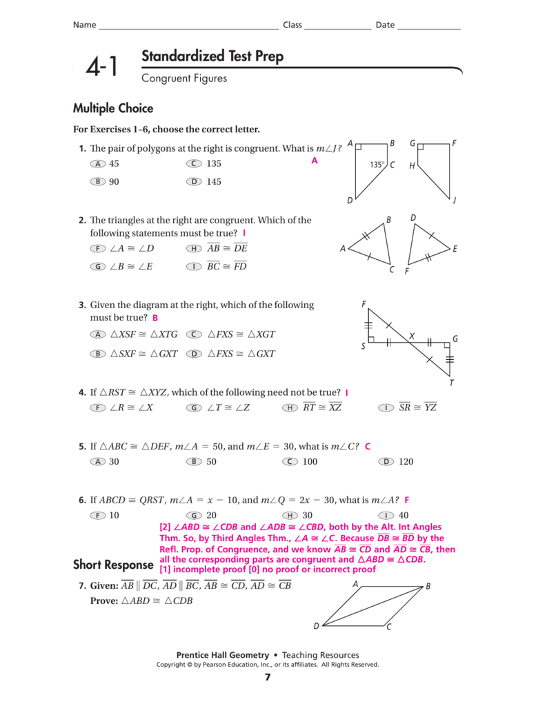 Standardized Test Prep With Geometry Worksheet Congruent Triangles Answers