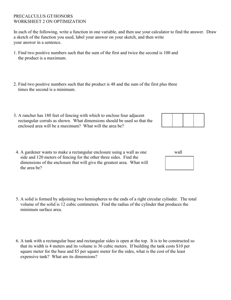 Steps For Solving Optimization Problems Within Optimization Problems Calculus Worksheet