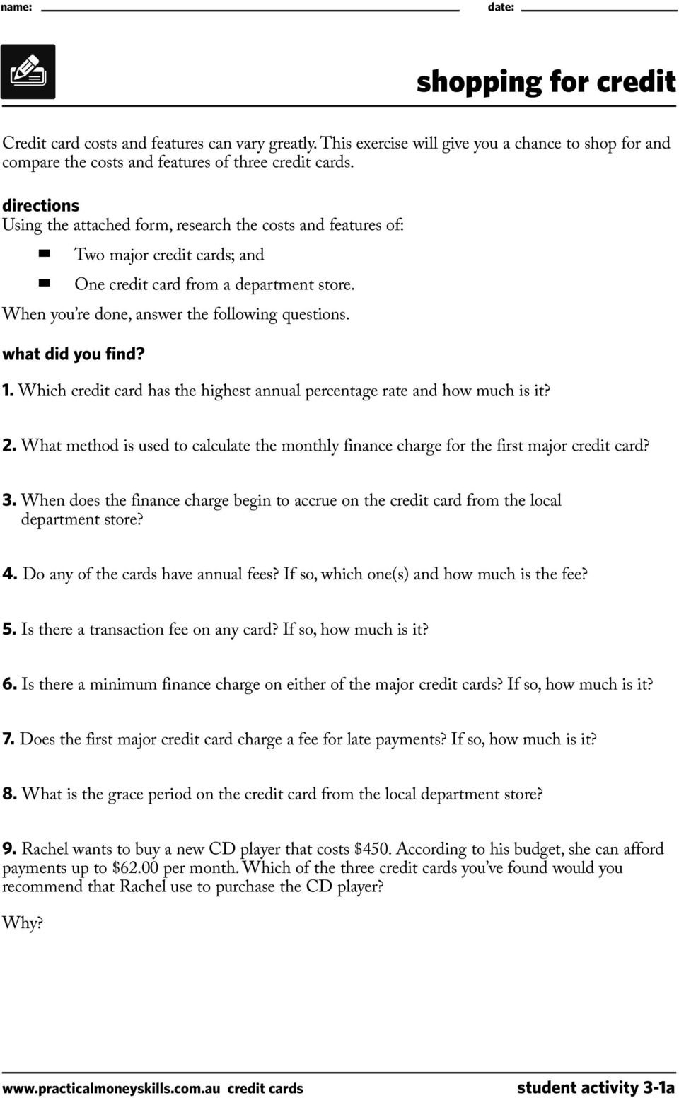 Student Activities Lesson Three Credit Cards 0713  Pdf Intended For Shopping For A Mortgage Worksheet Answers