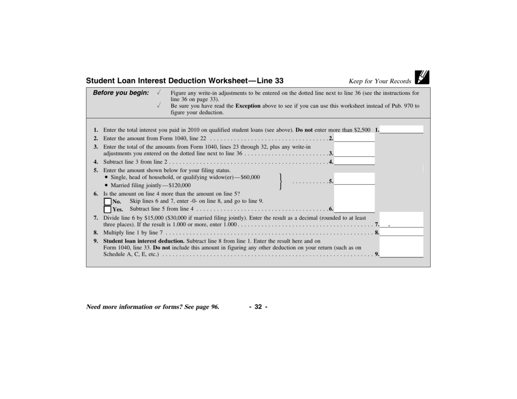 Student Loan Interest Deduction Worksheet—Line 33 As Well As Student Loan Interest Deduction Worksheet