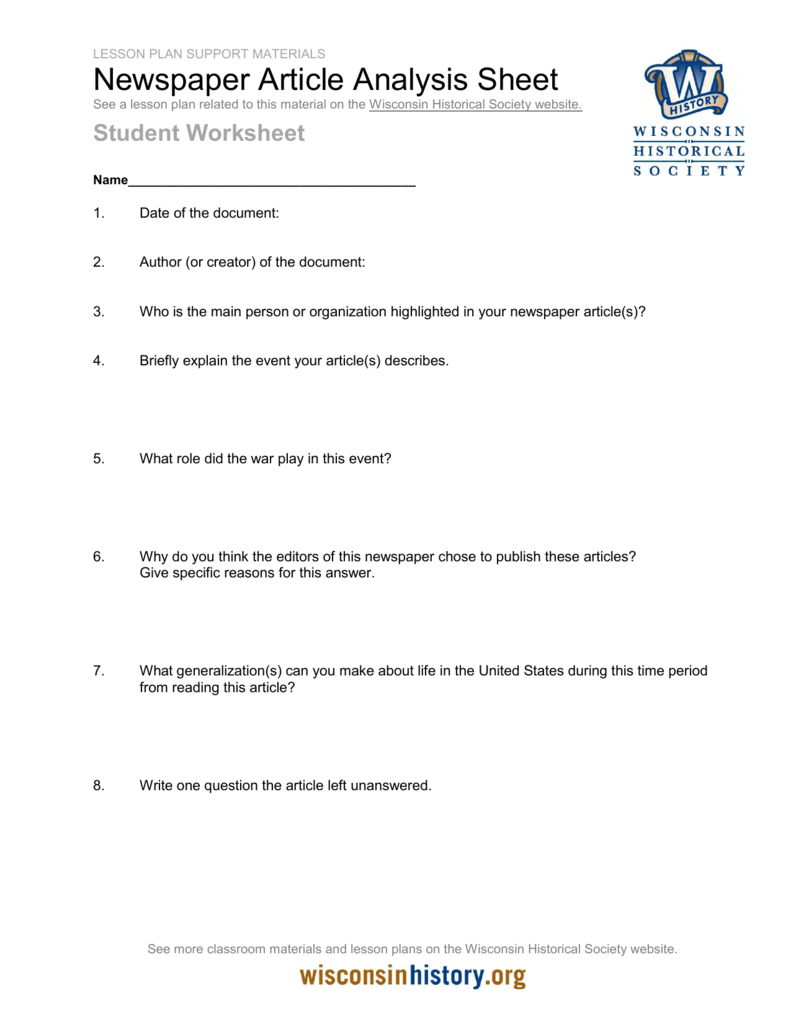 Student Worksheet  Newspaper Article Analysis Sheet And Article Analysis Worksheet