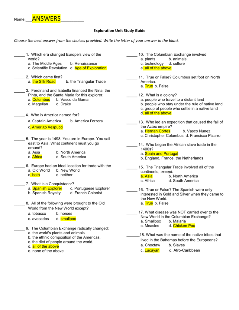 Study Guide Answers Pertaining To Explorers Come To The New World Worksheet Answers