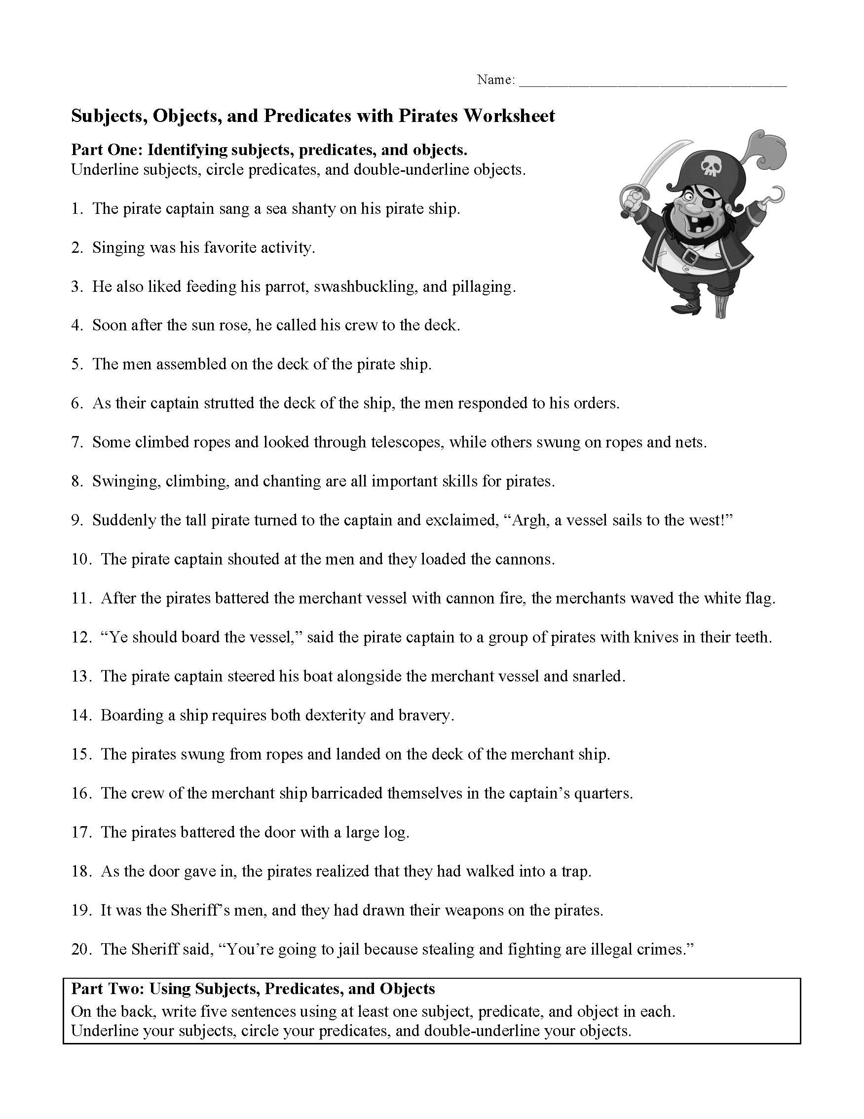 Subjects Objects And Predicates With Pirates Worksheet  Preview Inside Subjects Objects And Predicates With Pirates Worksheet