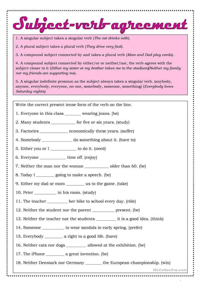 Subjectverb Agreement Worksheet  Free Esl Printable Worksheets Regarding Subject And Verb Agreement Worksheet