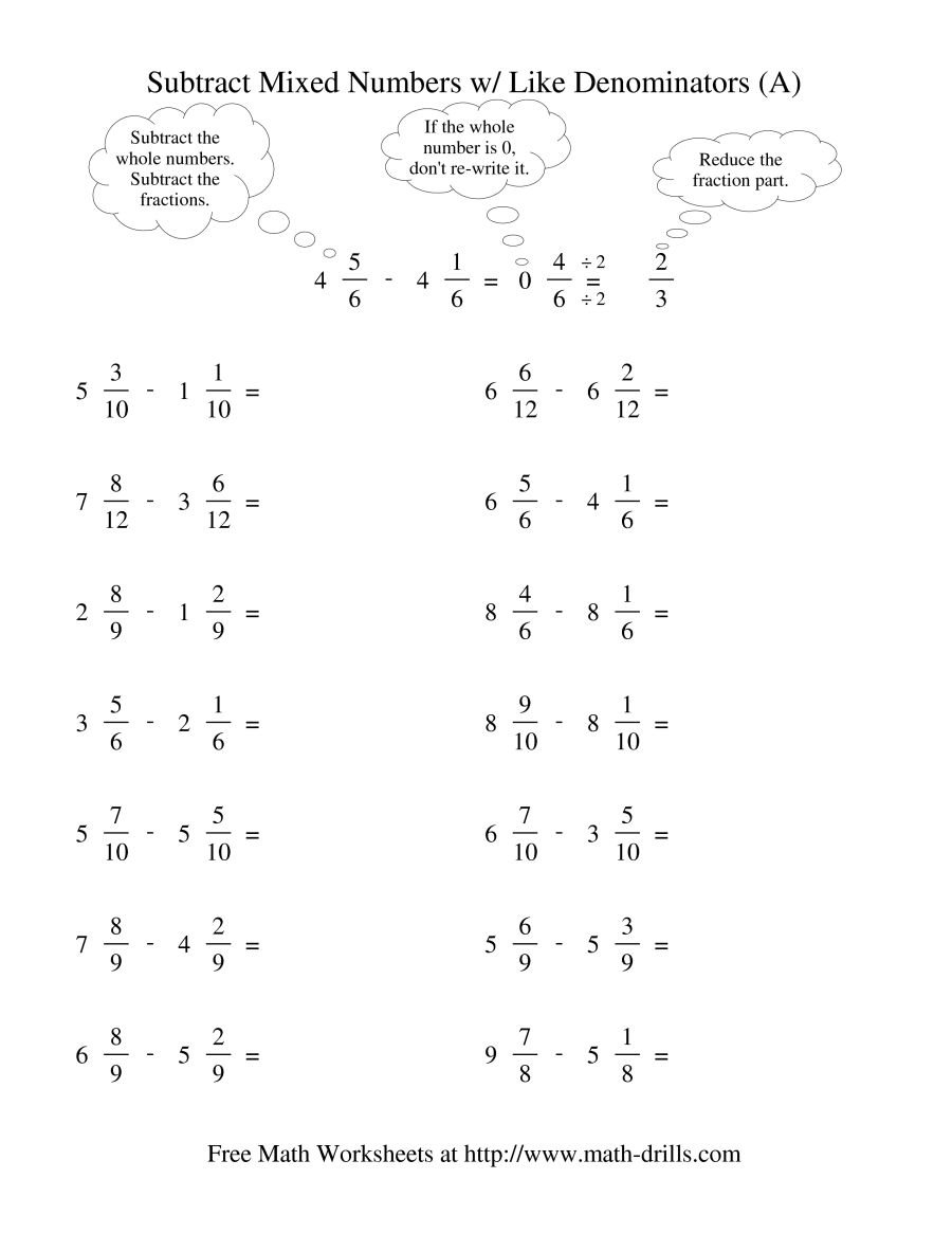 Subtracting Mixed Fractions  Like Denominators Reducing No Inside Adding And Subtracting Mixed Numbers Worksheet Pdf