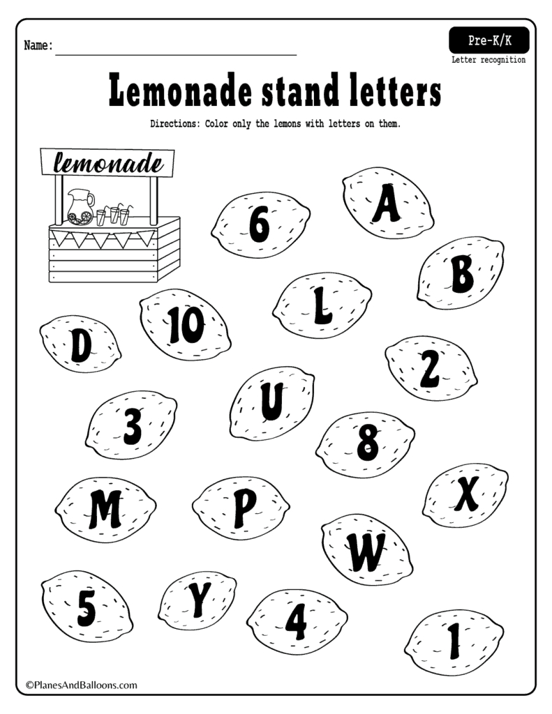 Summer Lemonade Fun Letter Recognition Worksheets Pdf Set For Free Throughout Preschool Letter Recognition Worksheets