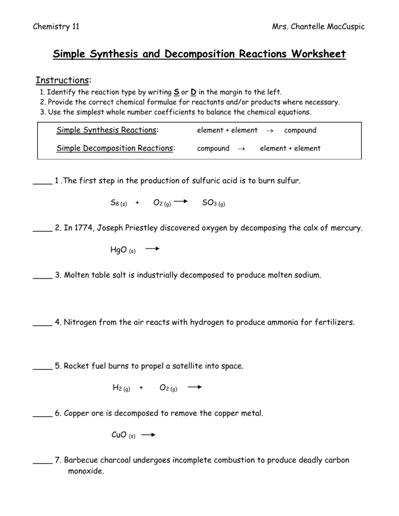 Synthesis And Decomposition Reactions Wks And Synthesis And Decomposition Reactions Worksheet Answers