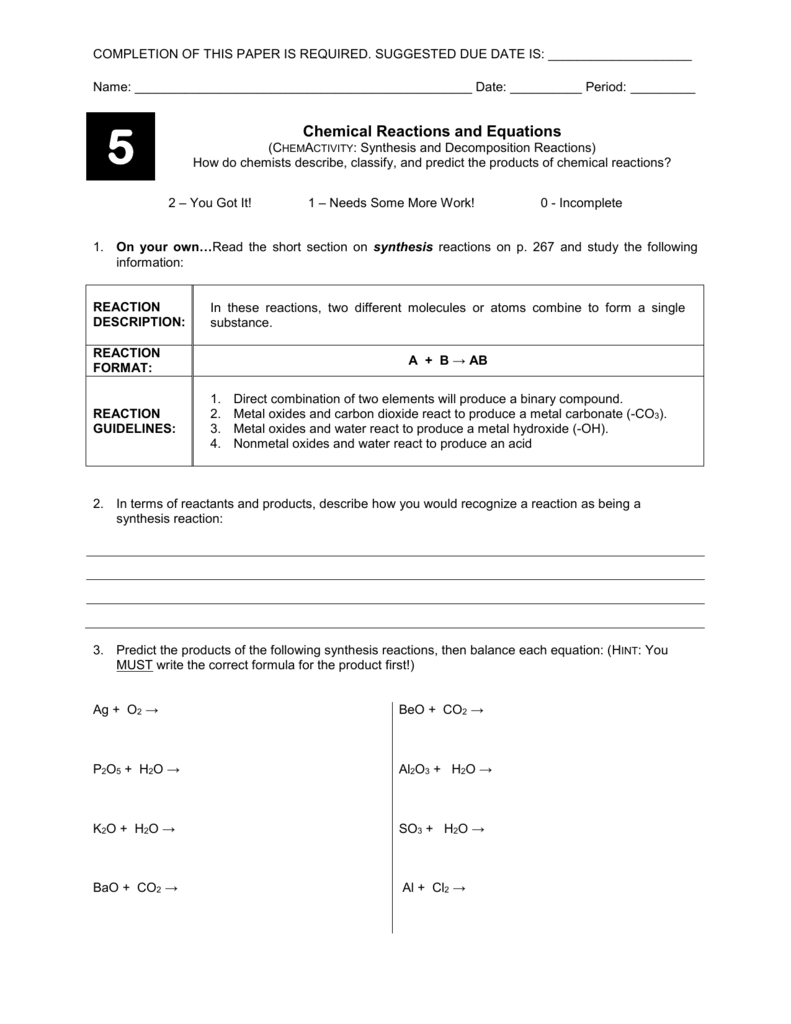 Synthesisdecomposition Reactions Along With Synthesis And Decomposition Reactions Worksheet Answers