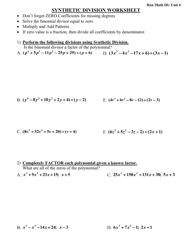 Synthetic Division Worksheetdon Within Factoring Polynomials Worksheet With Answers Algebra 2