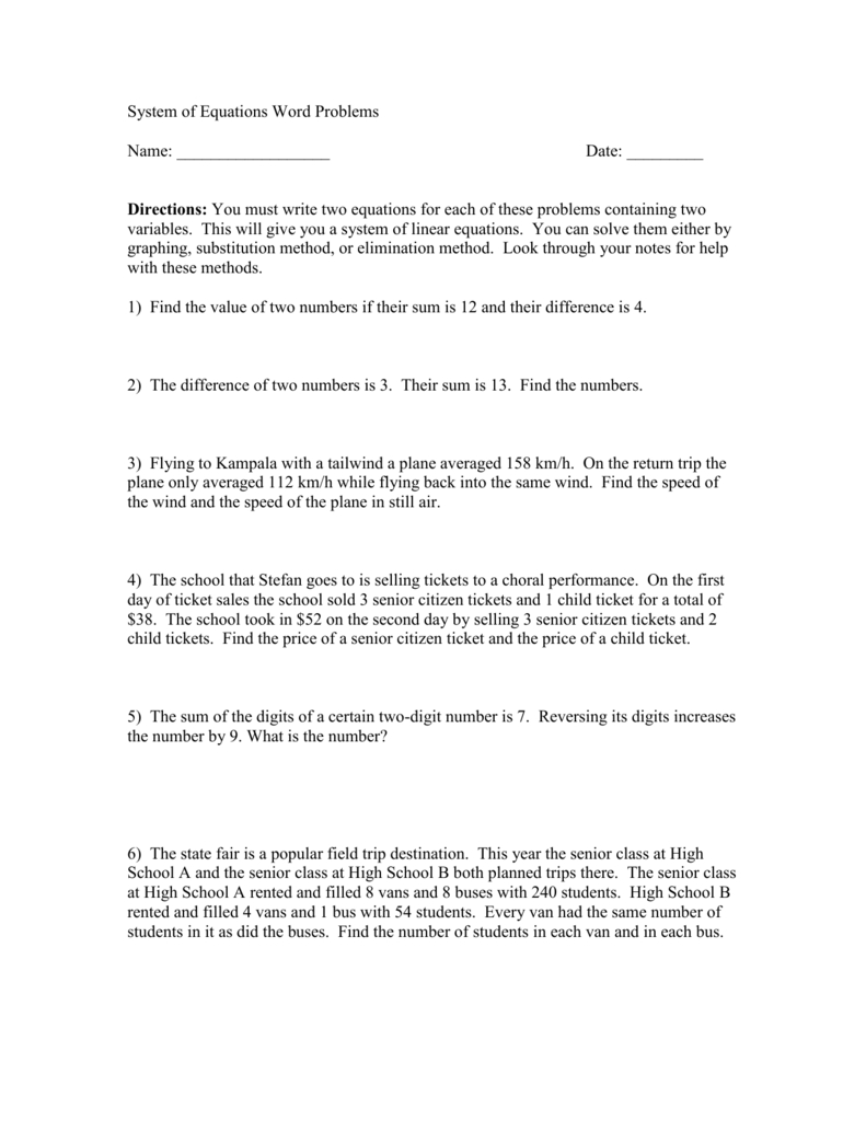 System Of Equations Word Problems With Regard To Substitution And Elimination Word Problems Worksheet