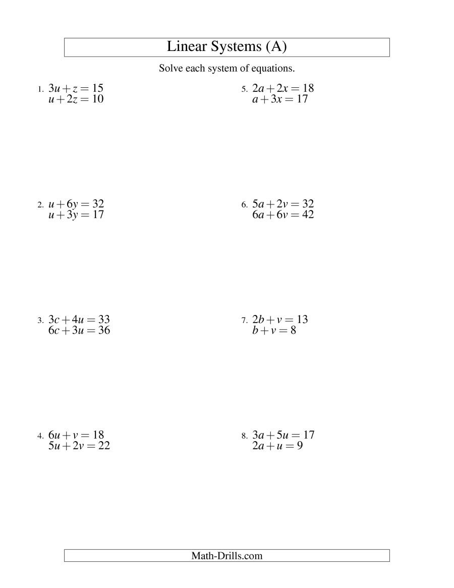 Systems Of Linear Equations  Two Variables A Also Solving Systems Of Linear Equations Worksheet