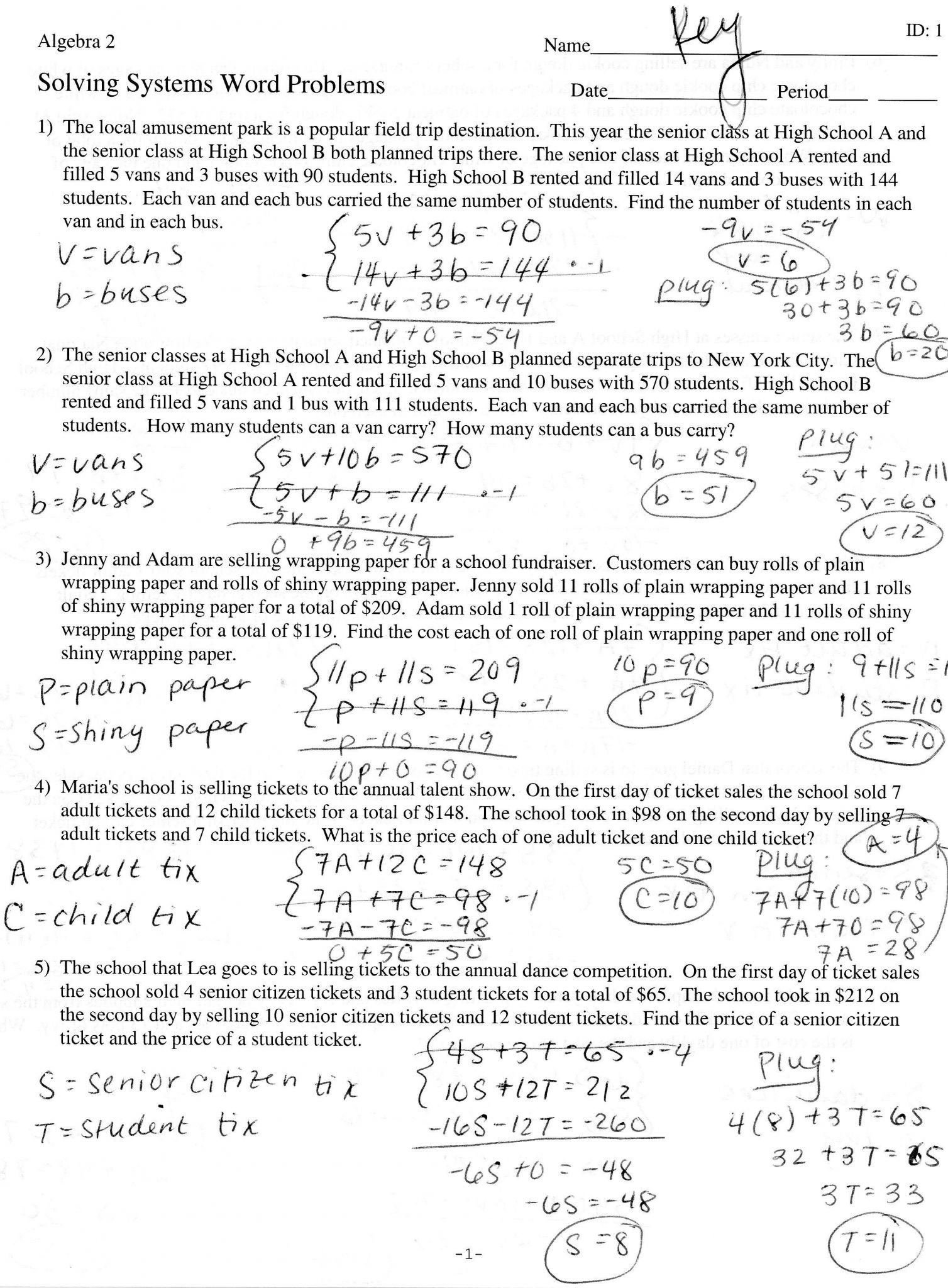 Systems Of Linear Equations Word Problems Worksheet Answers Or Systems Of Linear Equations Word Problems Worksheet Answers