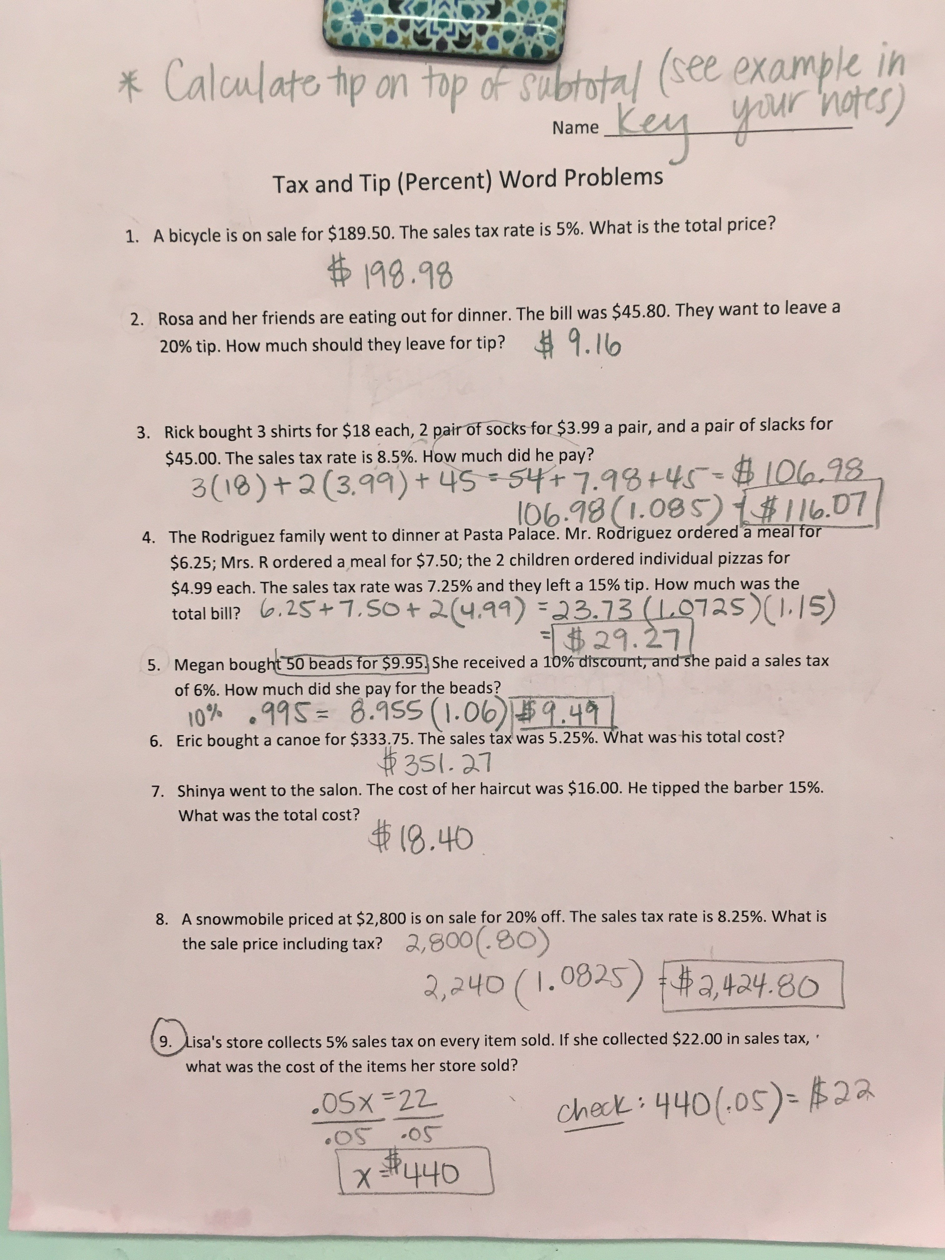 Tax Tip And Discount Word Problems Worksheet Answers  Yooob In Taxation Worksheet Answer Key