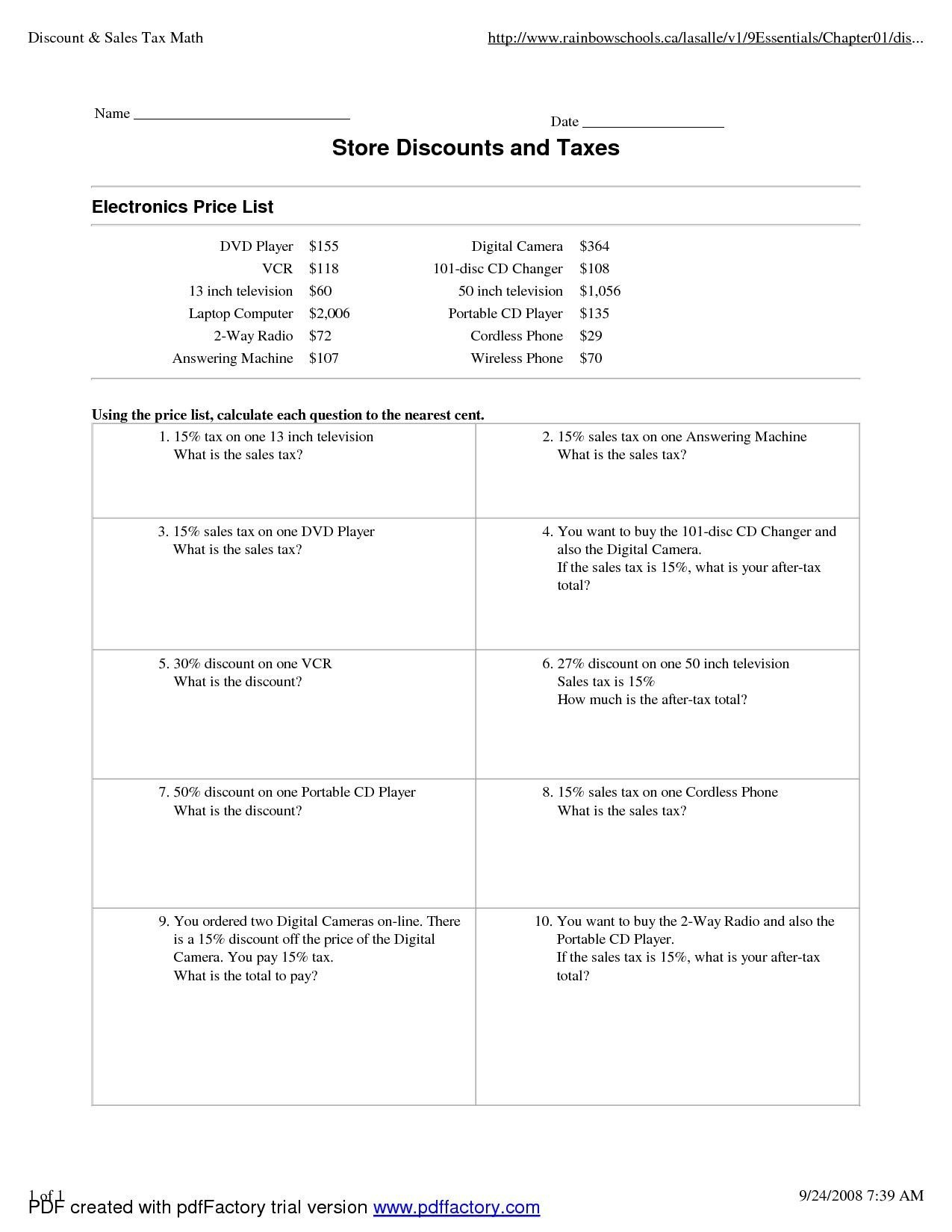 Taxation Worksheet Answers  Briefencounters Within Sales Tax Worksheet