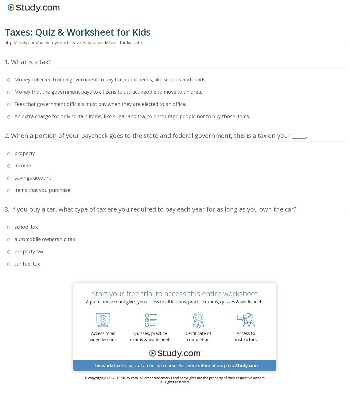 Taxes Quiz  Worksheet For Kids  Study Together With Worksheet For Taxes