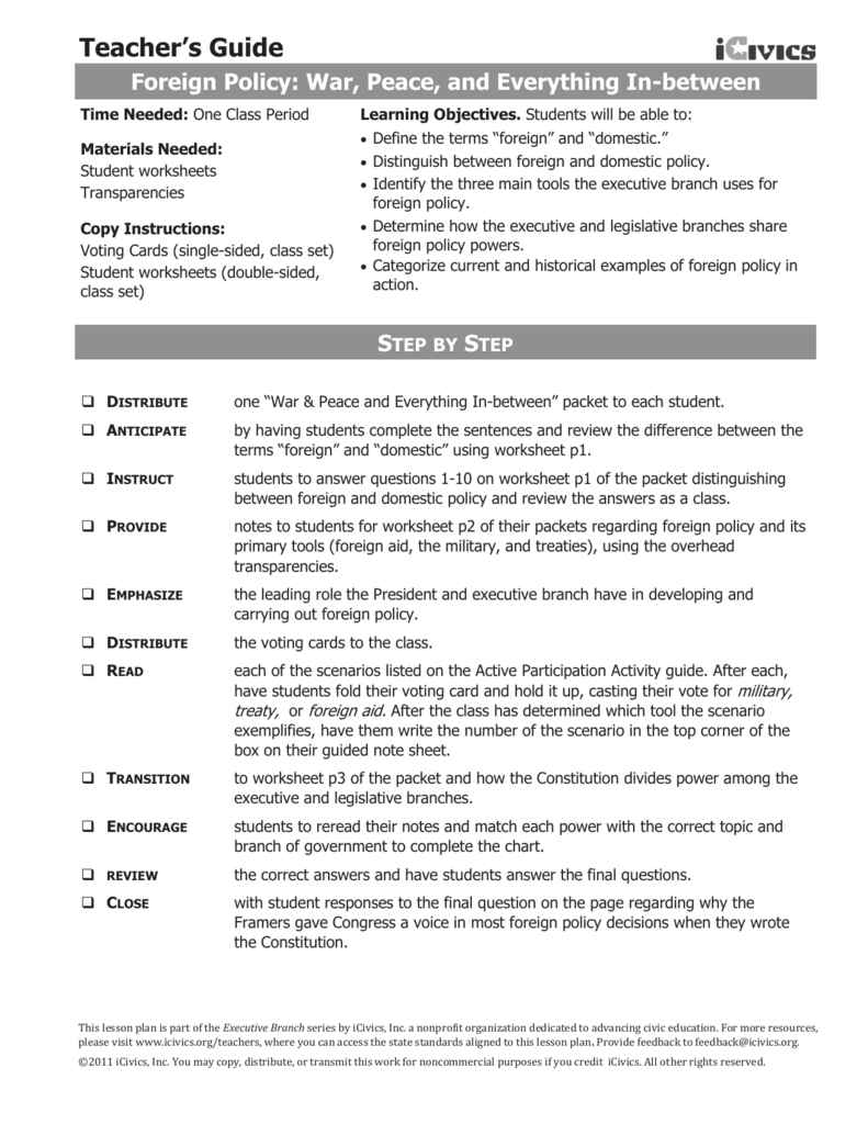 Teacher's Guide And Foreign Policy Worksheet