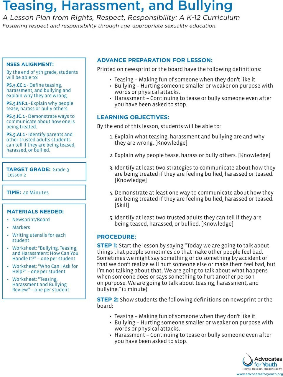 Teasing Harassment And Bullying A Lesson Plan From Rights Respect Throughout Harassment Lesson Plans Worksheets