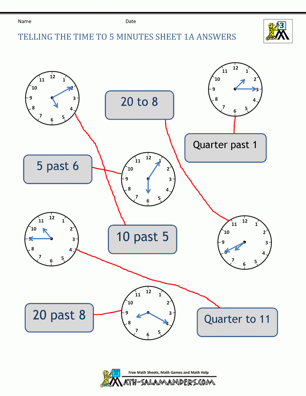 Telling Time Clock Worksheets To 5 Minutes Regarding Clock Worksheets Grade 1