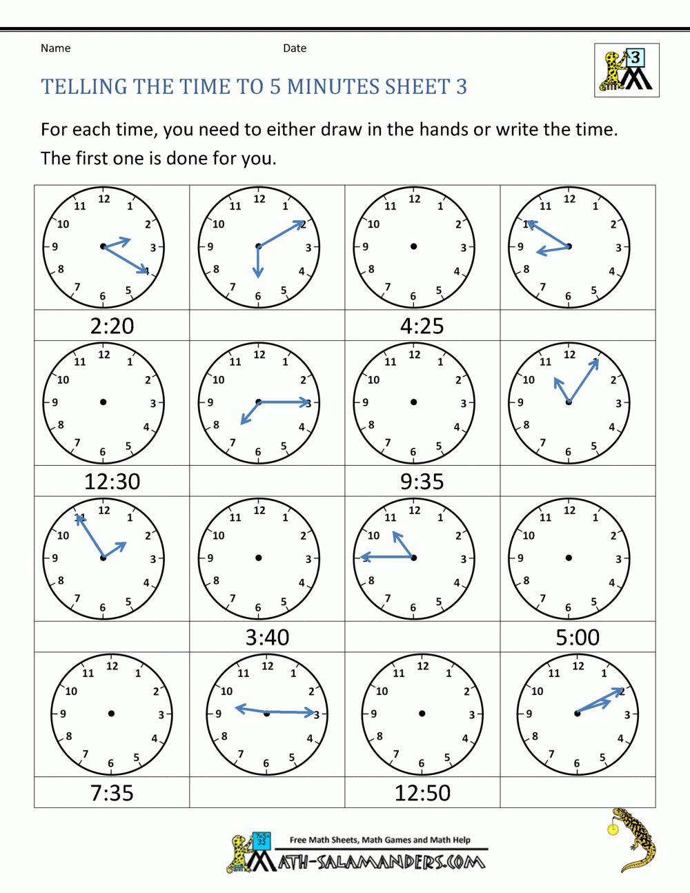Telling Time Clock Worksheets To 5 Minutes Throughout Second Grade Telling Time Worksheets