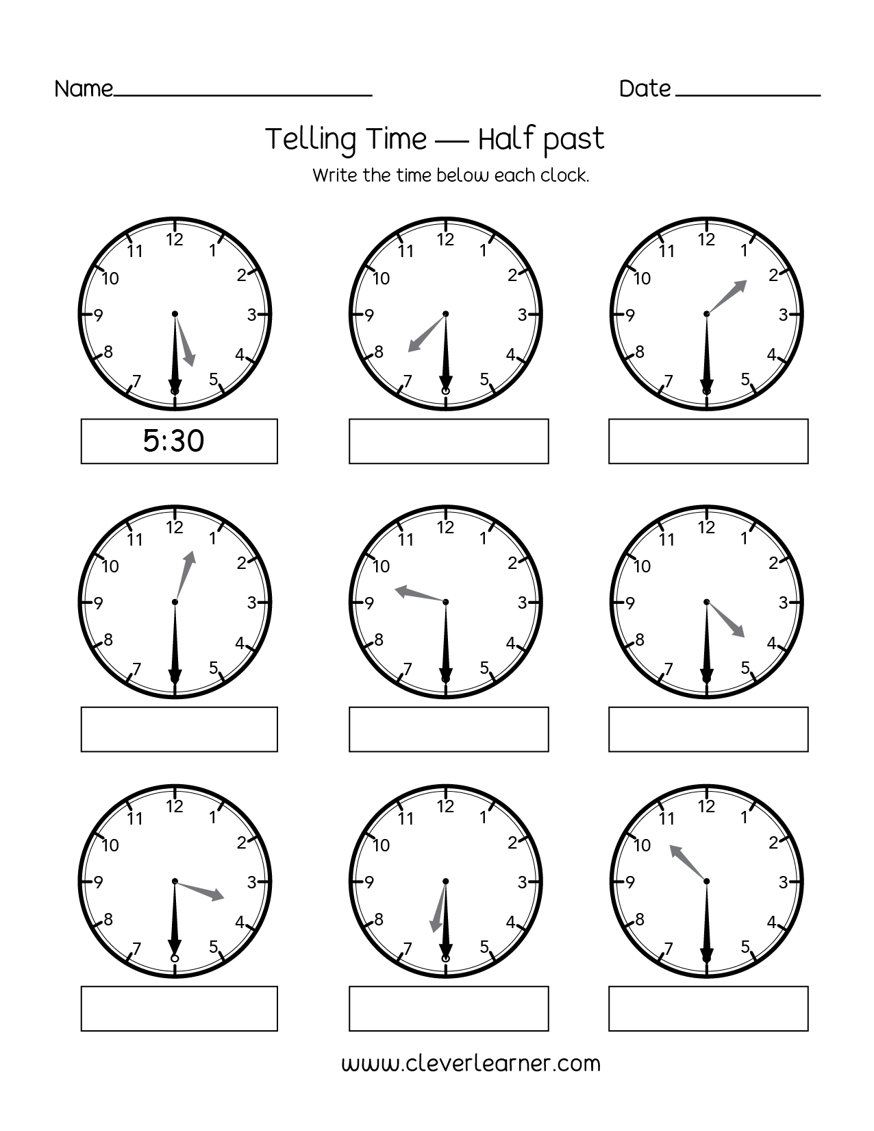 Telling Time Half Past The Hour Worksheets For 1St And 2Nd Graders For Telling Time To The Half Hour Worksheets