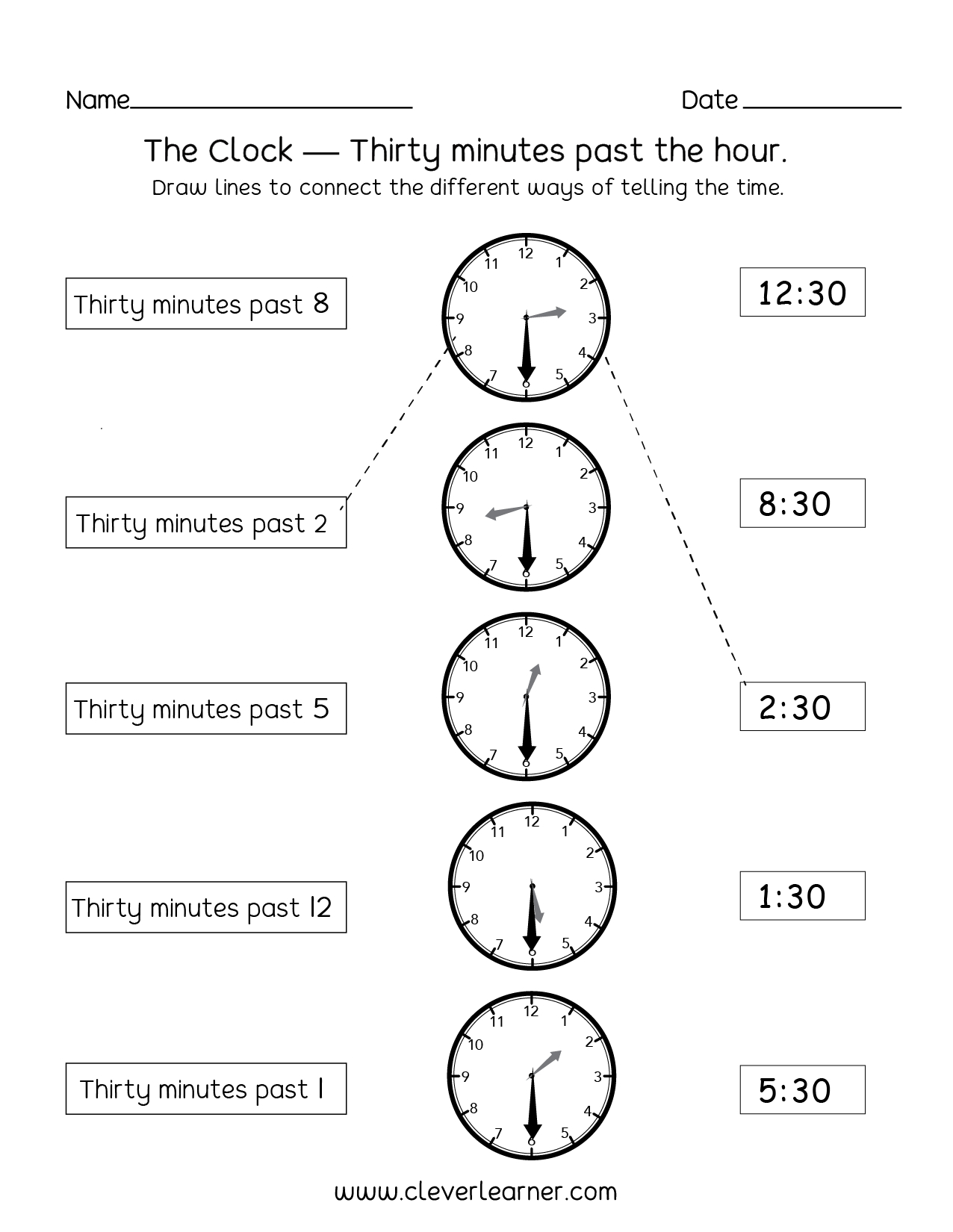 Telling Time Half Past The Hour Worksheets For 1St And 2Nd Graders With Regard To Telling Time To The Hour Worksheets