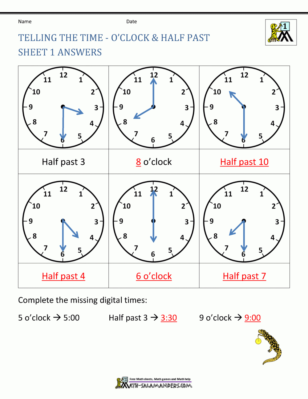 Telling Time Worksheets  O'clock And Half Past For Telling Time Worksheets Pdf